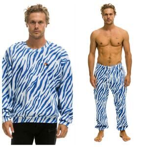Aviator Nation WILD Tiger Stripe Sweatpants And Sweatshirt SET Blue White Medium
